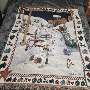 Christmas Tapestry throw blanket snowman 60x48 Sandi Gore Evans